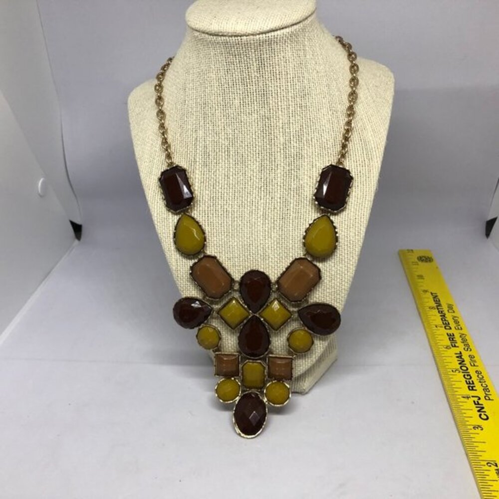 Chico's Brown Tan Chunky Jeweled Necklace w/Gold-tone Chain & Clasp